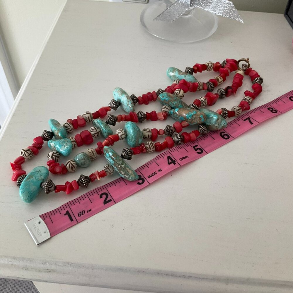 Cute!!  Handmade red chips and turquoise 2 strand necklace - Picture 2 of 3